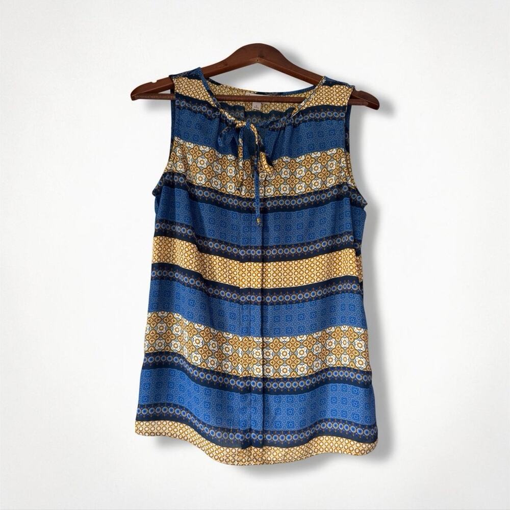 DB Women's Sleeveless Blouse Round Neck Tie Geometric Size S Sleeveless Casual